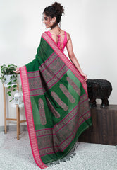 Bottle Green with Rani Pink Border Handloom Saree With Blouse Piece