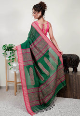 Bottle Green with Rani Pink Border Handloom Saree With Blouse Piece - Adi Akshoy & Co.