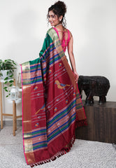 Bottle Green Blended Silk Handloom Saree With Blouse Piece