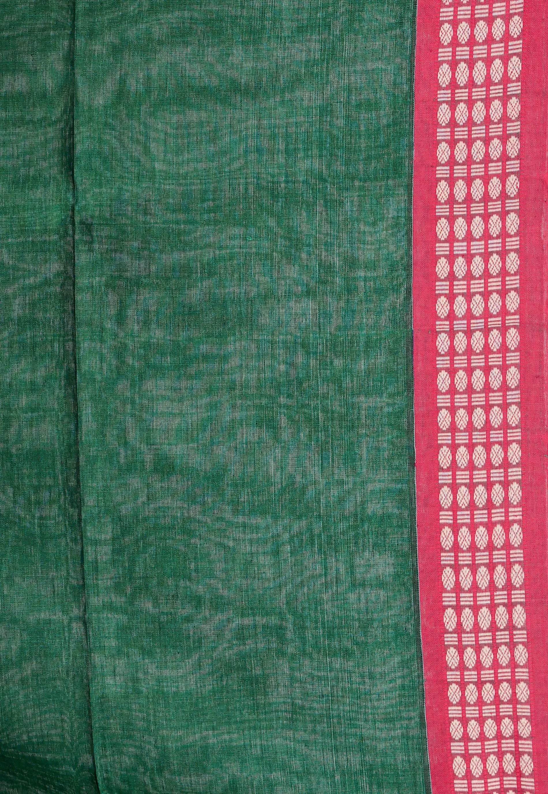 Bottle Green with Rani Pink Border Handloom Saree With Blouse Piece - Adi Akshoy & Co.