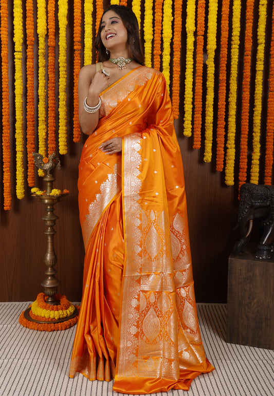 Golden Yellow Wedding Banarasi Silk Saree with Blouse Piece