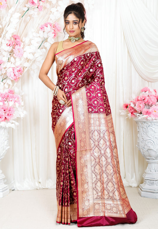 Magenta Wedding Banarasi Silk Saree with Blouse Piece