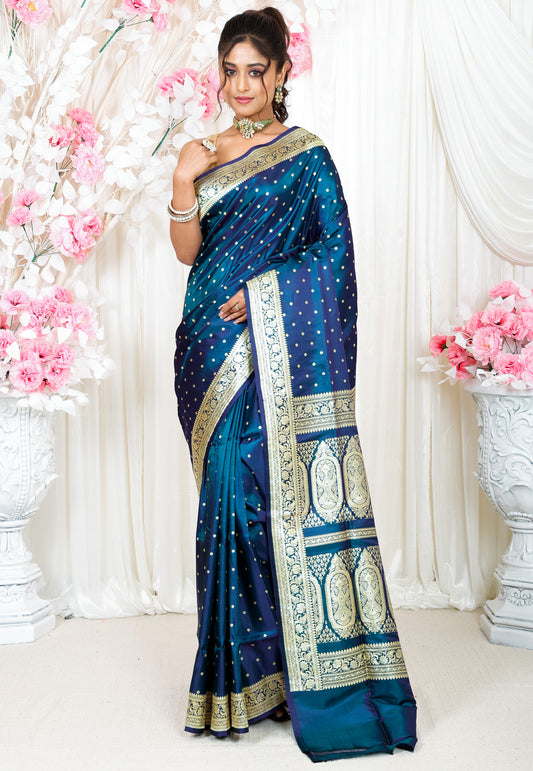 Peacock Blue Wedding Banarasi Silk Saree with Blouse Piece