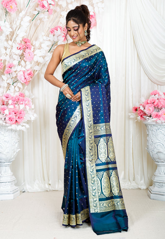 Peacock Blue Wedding Banarasi Silk Saree with Blouse Piece