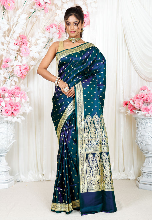 Dual shades of Purple and Bottle Green Wedding Banarasi Silk Saree with Blouse Piece