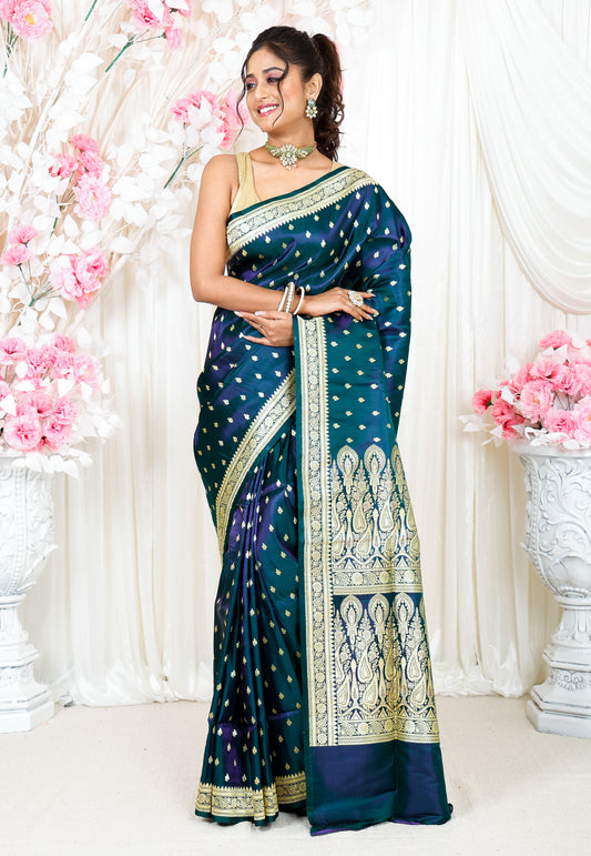 Dual shades of Purple and Bottle Green Wedding Banarasi Silk Saree with Blouse Piece