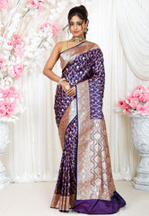 Purple Wedding Banarasi Silk Saree with Blouse Piece