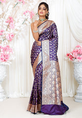 Purple Wedding Banarasi Silk Saree with Blouse Piece