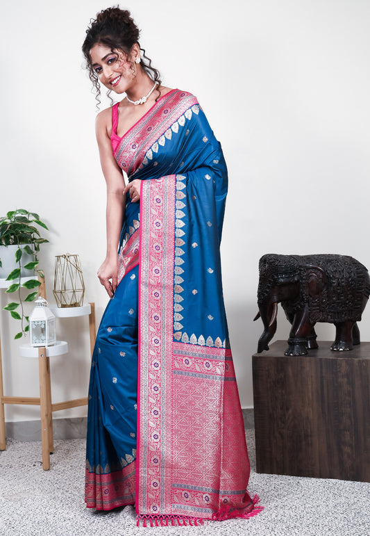 Turquoise Blue with Rani Pink Border Mashru Silk Saree with Blouse Piece