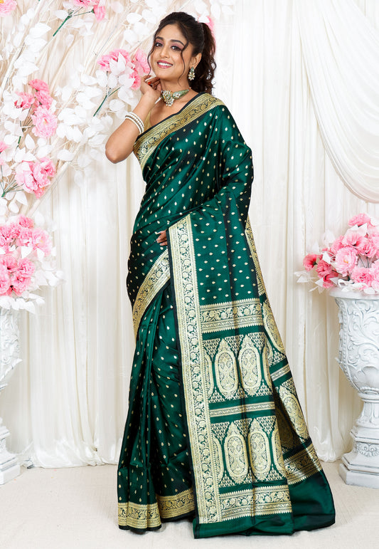 Bottle Green Wedding Banarasi Silk Saree with Blouse Piece