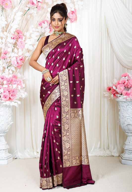 Magenta Kadwa Pure Silk Banarasi Saree with Blouse Piece