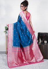 Turquoise Blue with Rani Pink Border Mashru Silk Saree with Blouse Piece