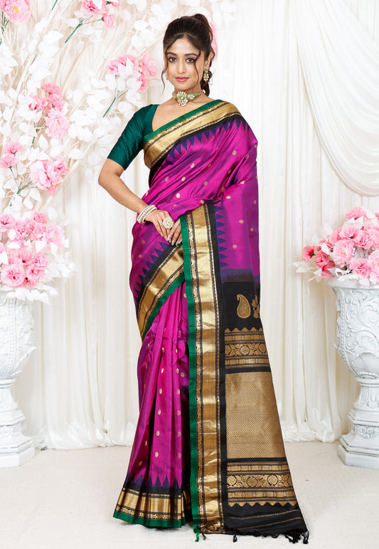 Magenta with Black Border Gadwal Saree With Blouse Piece