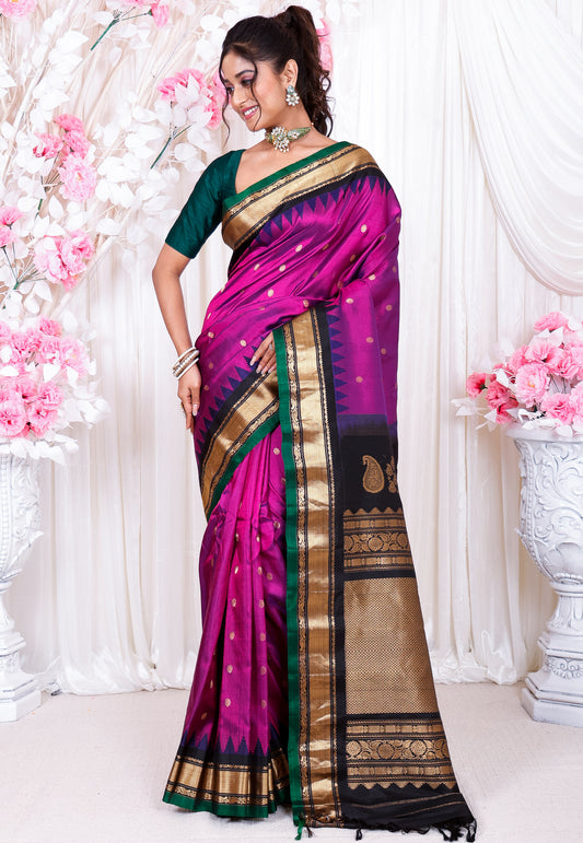 Magenta with Black Border Gadwal Saree With Blouse Piece