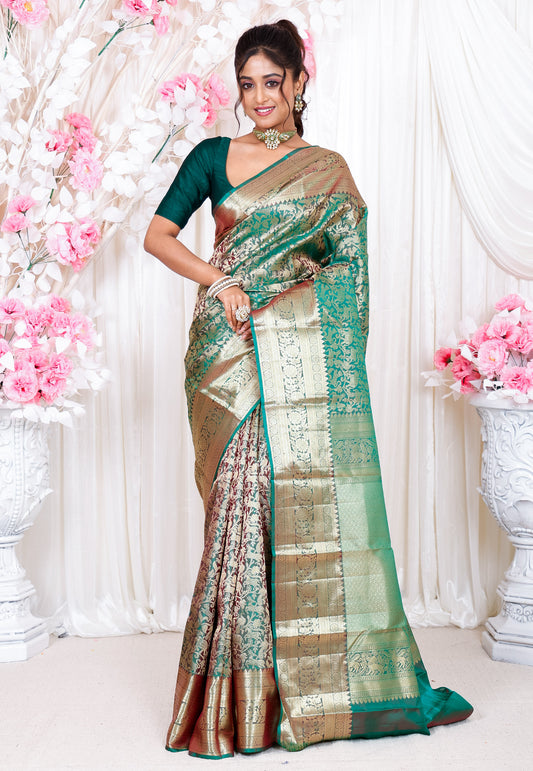 Cross Bottle Green Shikargah  Kanjivaram Silk Saree With Blouse Piece