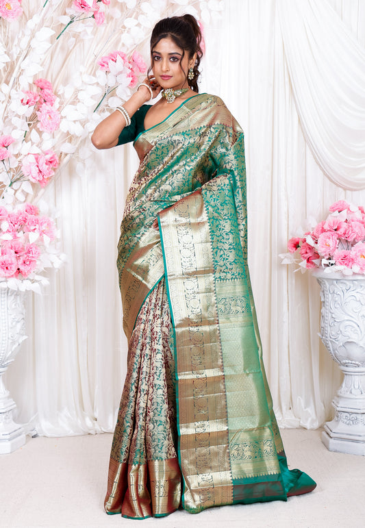 Cross Bottle Green Shikargah  Kanjivaram Silk Saree With Blouse Piece