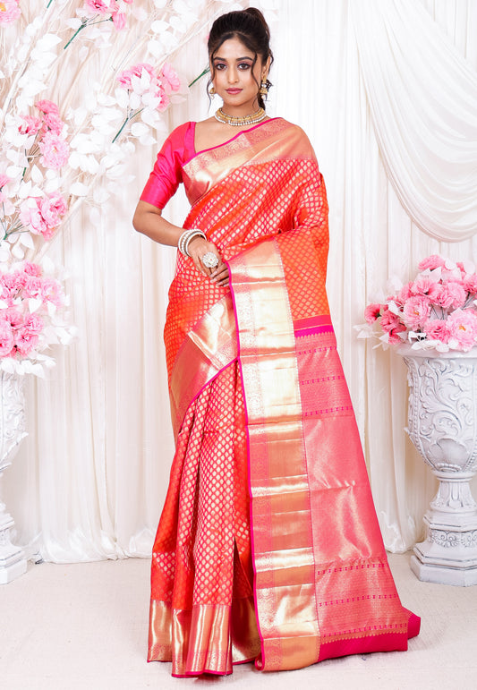 Dual shades of Pink and Orange Kanjivaram Silk Saree With Blouse Piece