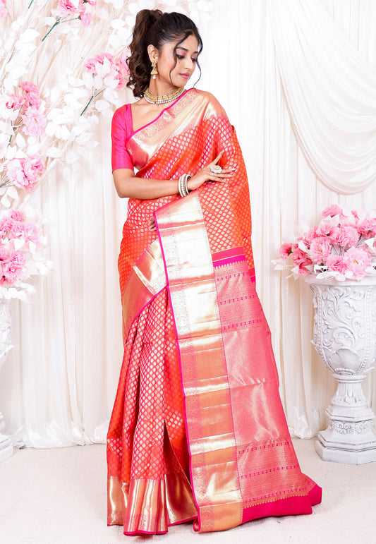 Dual shades of Pink and Orange Kanjivaram Silk Saree With Blouse Piece