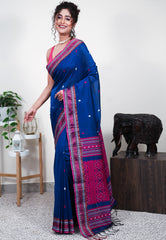 Turquoise Blue Handloom Saree With Blouse Piece