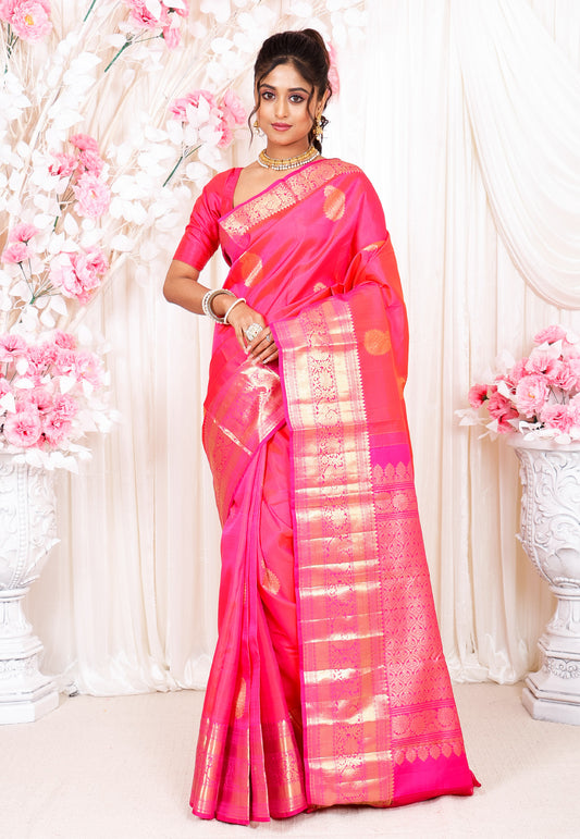 Rani Pink Kanjivaram Silk Saree With Blouse Piece