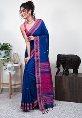 Turquoise Blue Handloom Saree With Blouse Piece