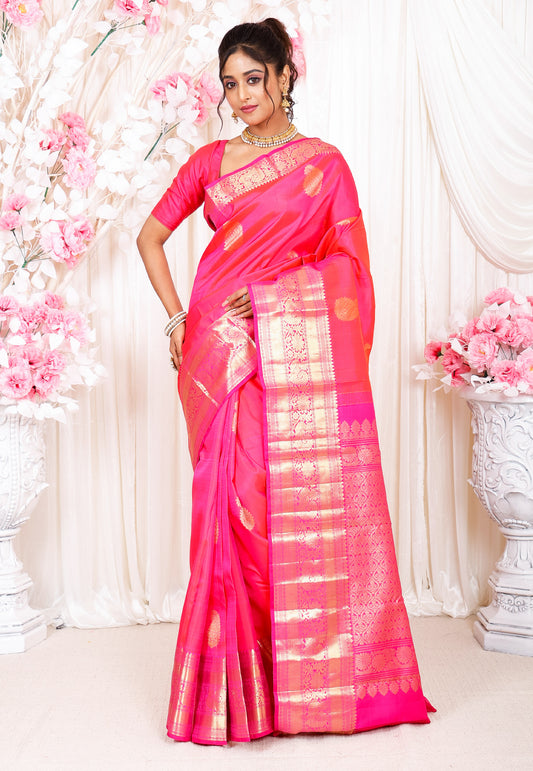 Rani Pink Kanjivaram Silk Saree With Blouse Piece