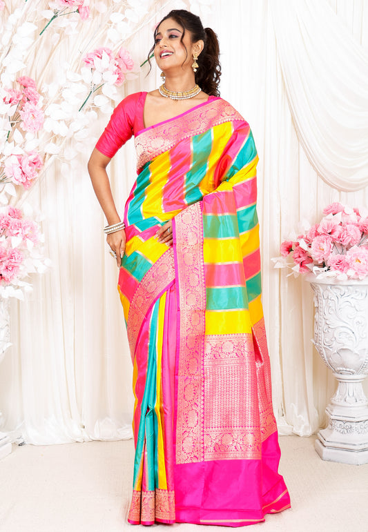 Multicolor Kadwa Katan Pure Silk Saree With Blouse Piece