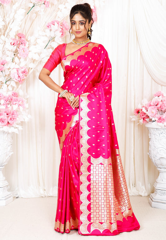 Rani Pink Wedding Banarasi Silk Saree with Blouse Piece