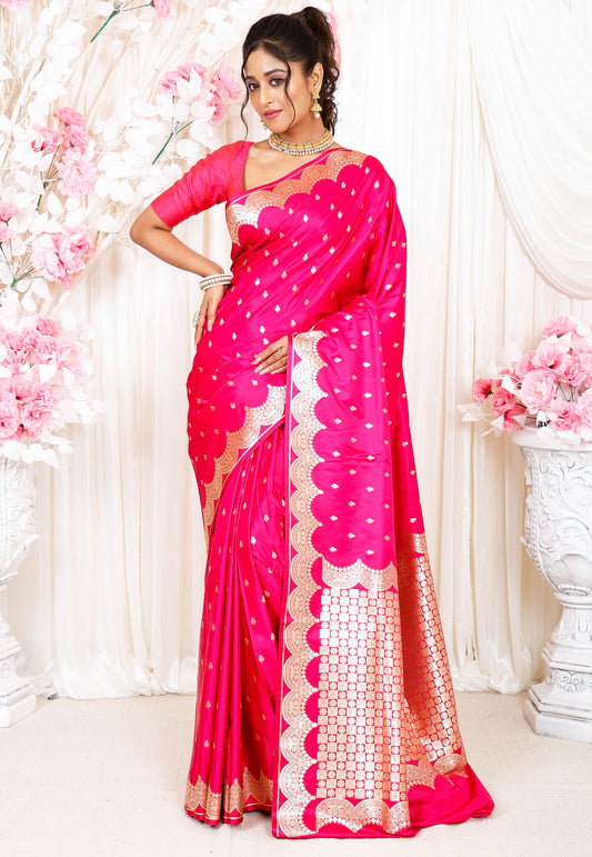 Rani Pink Wedding Banarasi Silk Saree with Blouse Piece