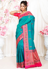 Feroza Blue with Rani Pink Minakari Border Kadwa Katan Pure Silk Saree With Blouse Piece