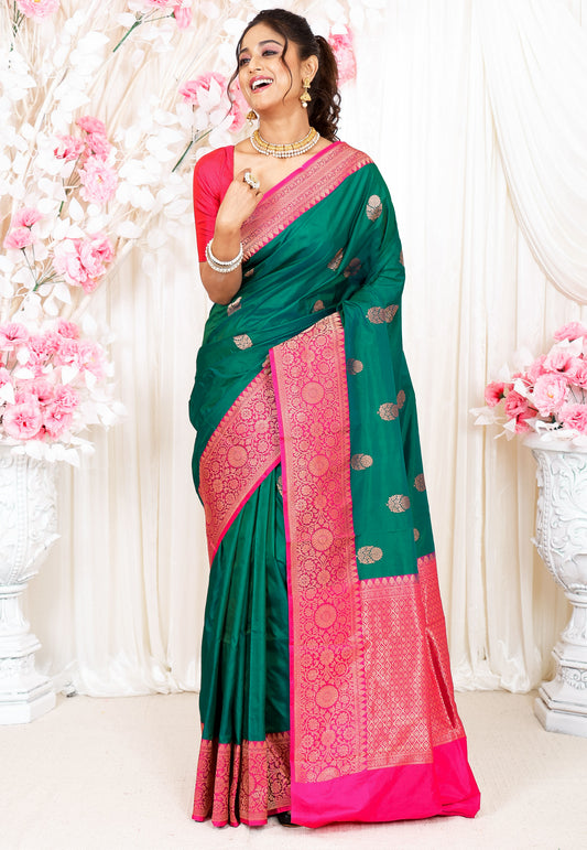 Cross Green with Rani Pink Border Katan Silk Saree With Blouse Piece