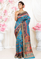 Blue Kani Silk Saree With Blouse Piece