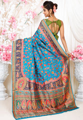 Blue Kani Silk Saree With Blouse Piece