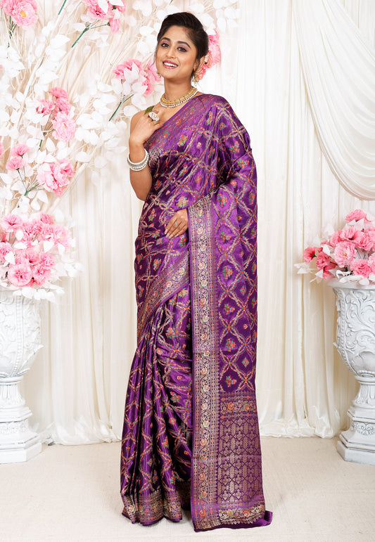 Purple Kani Silk Saree With Blouse Piece