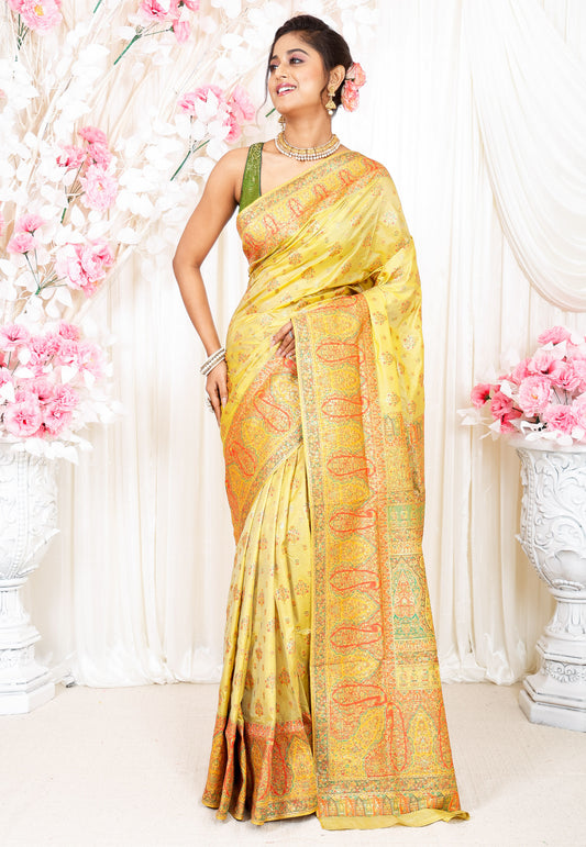 Lemon Yellow  Kani Silk Saree With Blouse Piece