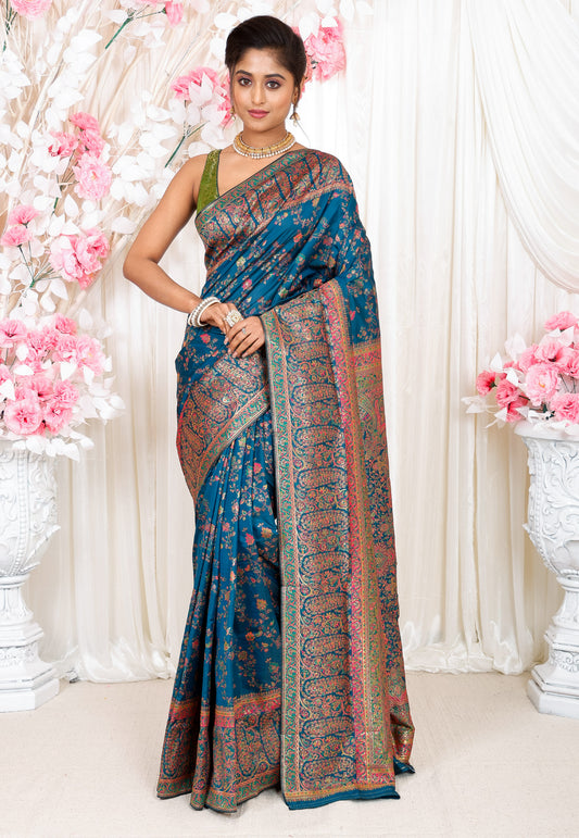 Blue  Kani Silk Saree With Blouse Piece