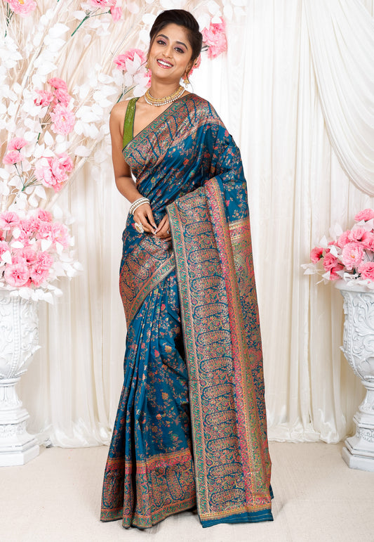 Blue  Kani Silk Saree With Blouse Piece