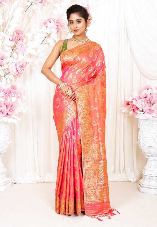 Rani Pink Kani Silk Saree With Blouse Piece