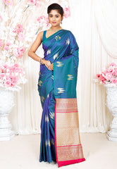 Peacock Blue Kanjivaram Silk Saree With Blouse Piece