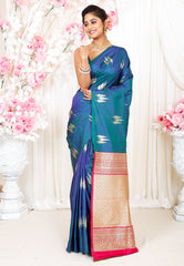 Peacock Blue Kanjivaram Silk Saree With Blouse Piece