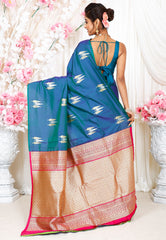 Peacock Blue Kanjivaram Silk Saree With Blouse Piece