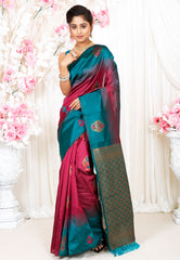 Magenta with Rama Green Border Kanjivaram Silk Saree With Blouse Piece