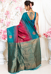 Magenta with Rama Green Border Kanjivaram Silk Saree With Blouse Piece