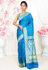 Feroza Blue Wedding Banarasi Silk Saree with Blouse Piece