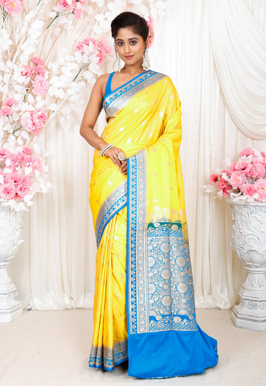 Yellow with Feroza Blue Border Pastel Banarasi Silk Saree With Blouse Piece