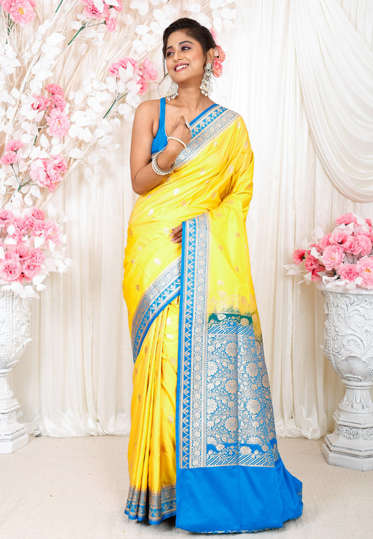 Yellow with Feroza Blue Border Pastel Banarasi Silk Saree With Blouse Piece