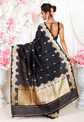 Black Kadwa Katan Pure Silk Saree With Blouse Piece