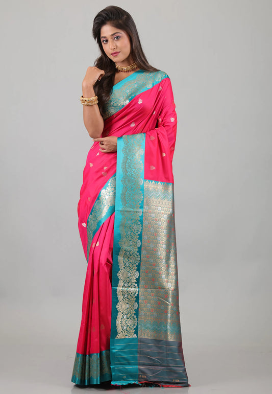 Rani with Bottle Green Border Mashru Silk Saree with Blouse Piece - Adi Akshoy & Co.