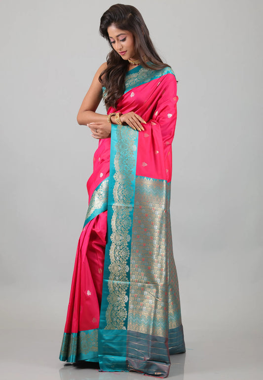 Rani with Bottle Green Border Mashru Silk Saree with Blouse Piece - Adi Akshoy & Co.