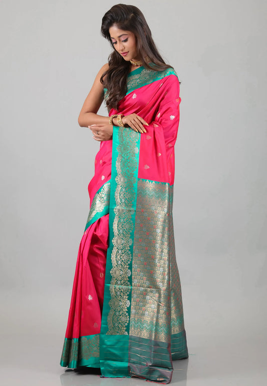 Rani with Ramma Green Border Mashru Silk Saree with Blouse Piece - Adi Akshoy & Co.
